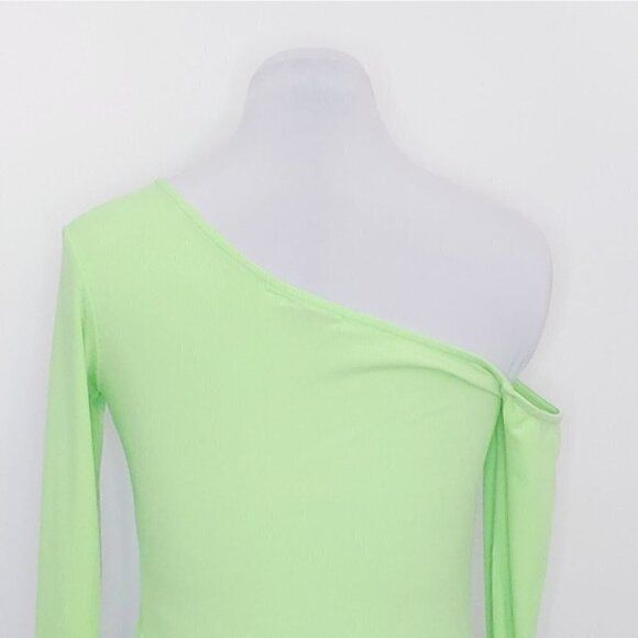 NWOT DEBASE off-shoulder ribbed long sleeves neon green bodysuit - Picture 4 of 13